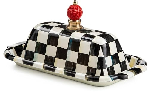 MACKENZIE-CHILDS Enamel Butter Box, Cute Lidded Butter Dish, Black-and-White Courtly Check