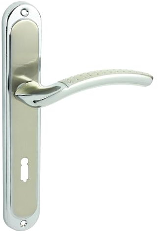 domino Türgriff 72 Drückergarnitur BB-Buntbart Set Langschildgarnitur Türklinke für Zimmertür, Bürotür, Kellertür & Innentür L-Form Türdrücker-Set aus Edelstahl Chrom Glänzend SHARON M6/M9