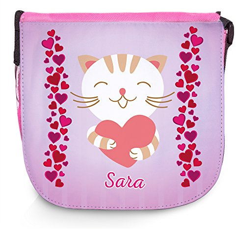 Umhängetasche für Kinder mit Namen Sara und schönem Motiv - Katze mit Herz - | Schultertasche für Mädchen