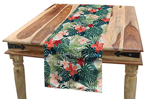 ABAKUHAUS Blatt Tischläufer, Natur Crepe Ginger Blume, Esszimmer Küche Rechteckiger Dekorativer Tischläufer, 40 x 180 cm, Dunkelgrün Grün