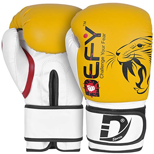 DEFY Tiger Model Boxing Gloves for Men & Women – Premium Training Gloves for MMA, Muay Thai, Kickboxing & Sparring with Max-Shock Foam Padding & Secure Fit (Yellow, 10 oz)