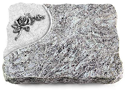 Wilhelmy Grabmale Grabplatte, Grabstein, Grabkissen, Urnengrabstein, Liegegrabstein Modell Folio 40 x 30 x 5 cm Marina Blue-Granit, poliert inkl. Gravur (Aluminium-Ornament Rose 1)