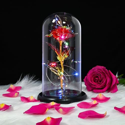 TECHSHARE Mothers Day Rose Gifts for Mum, Beauty and The Beast Rose, Glass Rose Flower, Elegant Artificial Flower Decoration, 12 * 12 * 2cm, Red Rose, 1 Count