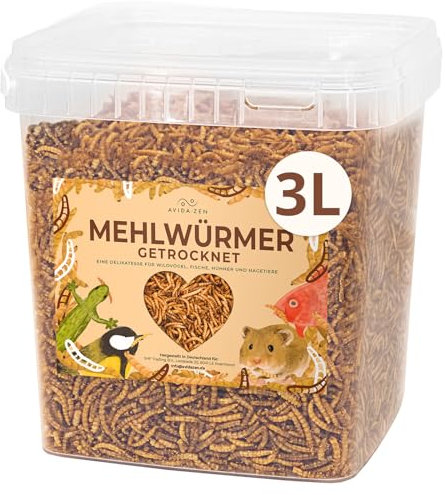 AVIDA ZEN Mehlwürmer getrocknet 3 ltr., ideal als Wildvogelfutter und Igelfutter, getrocknete Mehlwürmer, nährstoffreicher Snack für Nager, Reptilien, Vögel, Fische, Igel, Schildkröten