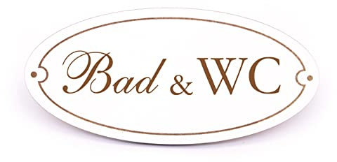 DEKO-LANDO Bad WC Schild Holz graviert oval selbstklebend Toilettenschild Deko Vintage Türschild 15 x 7 cm, Weiß