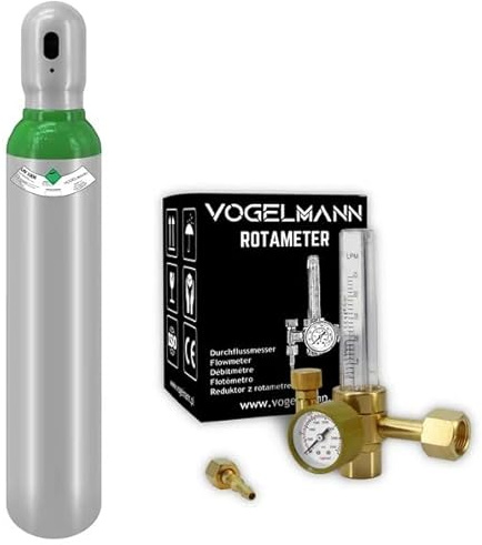 Gasflasche Argon 4.8 voll 8L 1,5m3 mit Regler Rotameter Vogelmann Gasdienst, Gas-Set, Zylinder-Lötkolben