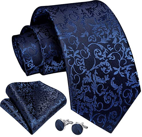Enlision Cravate Homme Bleu Marine Mariage Ensemble de Floral Cravate et Pochette et Boutons de Manchette Set Motif Mouchoir Travail Fete