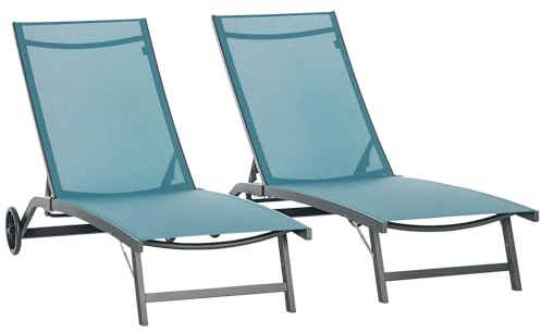 Outsunny 2 Sonnenliegen, Liegestuhl, neigbar, aus Aluminium und Textilene, mit Rollen, Rückenlehne, mehrere Positionen, max. 150 kg, Blau