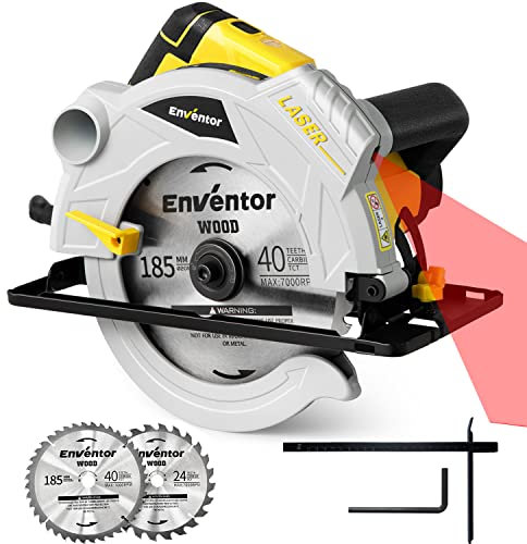 Enventor Circular Saw, 1500W 5500RPM Electric Circular Saws with Laser Guide, Max Cutting Depth 65mm (90°), 43mm (45°), 2 Saw Blades(185mm, 24T+ 40T), Pure Copper Motor, Ideal for Wood Cutting Corded