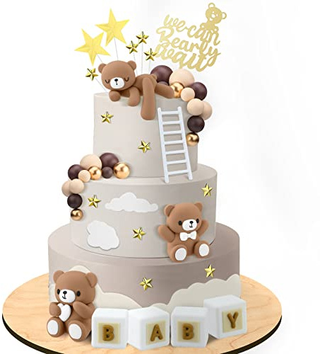 Yinder Bear Cake Toppers Mini Bear Cake Decorations Cake Toppers Gold White Pearl Ball for Birthday Party Decorations(Dark Brown,Cute Style)