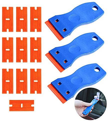 Cleaning Scraper Tool Plastic with 3PCS Scraper and 10PCS Plastic Scraper Replacement Portable Blue Glass Scraper for Windows Remove Labels Easily for Glass, Oven Glass,Table, Wall, Etc.