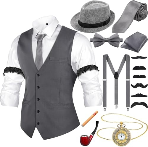 Hestya 20er Jahre Herren Accessoires mit Weste Fedora Hut Taschenuhr Fliege Krawatte Hosenträger und Requisit