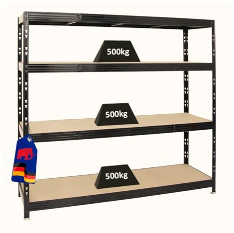 PROREGAL Profi Schwerlastregal Rhino EXTRA BREIT schwarz HxBxT 180x200x60cm Fachlast 500kg 4X Spanplatten-Ebenen 16mm Garagenregal, Lagerregal, Steckregal, Weitspannregal