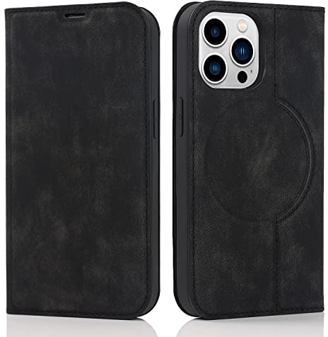 QLTYPRI Hülle für iPhone 15 Pro Max Kompatibel mit MagSafe, Ledertasche Handyhülle [RFID Schutz] Flip Case mit Kartenhalter Ständer Magnet Klapphülle für iPhone 15 Pro Max - Schwarz