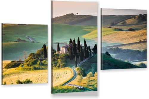HUBDECO 3-Teiliges Leinwand Bild Wohnzimmer - Bilder, Poster, Kunstdrucke - Leinwandbild - Bild auf Leinwand - Tolle Zimmerdekoration - Schlafzimmer Bilder - 94x60 cm - Felder Toskana