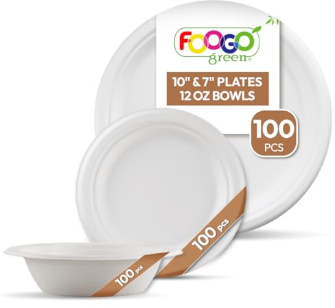 FOOGO Green 300pcs Sugarcane Fibre Strong Paper Plates and Bowls Set, Round | 100x Large Round, 100x Small Plates, 100x Dessert Bowls, Dinner, Wedding, Party, Eco Friendly