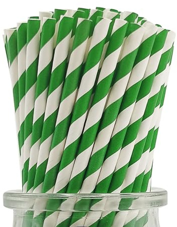 Forest Green Striped Paper Straw, [100 Pack] Premium Disposable Green And White Striped Paper Drinking Straws for Christmas Spring Cocktail Party Supply