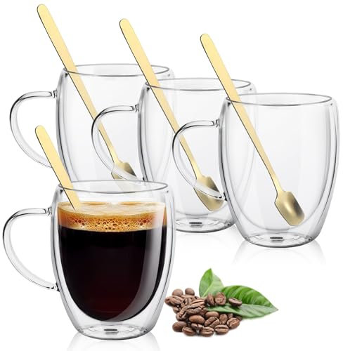 4x350ml Glass Double Walled Coffee Mug with Handle and Spoon, Insulated Coffee Cup, Heat Resistant, Reusable Latte Glasses Tea Cups Cappuccino Cups, Clear Borosilicate Cups for Hot and Cold Drinks