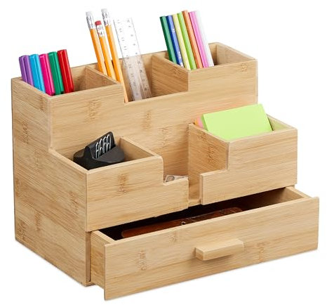 Relaxdays Schreibtisch Organizer, mit Schublade, 6 Fächer, aus Bambus, HxBxT: 18 x 26 x 17 cm, Büroorganizer, natur