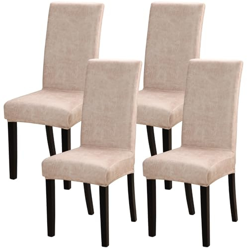 Fuloon Imitation Leather Chair Covers Dining Room Chair Protector Slipcovers Suede Stretch Removable Washable Decoration Seat Cover, Set of 4, Beige