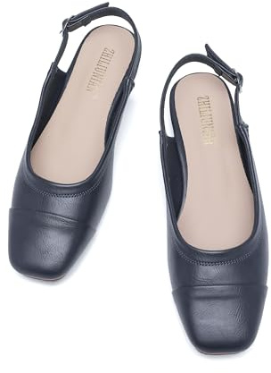 ZHILIUNIAN Women's Slingback Ballet Flat Low Wedge Heel Shoe,Ladies Sling Back Pumps Closed Square Toe Dressy Casual Trendy Comfortable Buckle Fancy Business Office Holiday Leather (9.5,Navy)