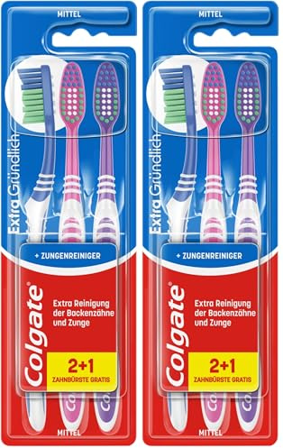 Colgate Extra Gründlich Zahnbürste mittel 2+1, für optimale Zahnpflege, mit Power Tip-Borsten, Zungenreiniger und einem Griff aus 25% recyceltem Plastik