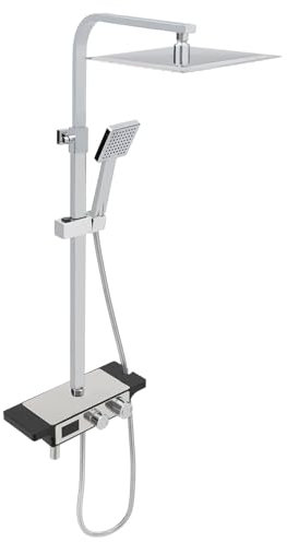 Sistema de ducha con termostato, grifo de ducha de lluvia, juego de ducha de mano, cromo y bandeja de cristal, juego completo de grifo, cuadrado, acero inoxidable, alcachofa de ducha, columna de