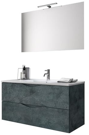 Mobile bagno PLUTONE 4 pezzi in melaminico antigraffio, base sospesa da 80cm con 2 cassetti soft close, lavabo in ceramica bianca, specchio reversibile, lampada LED, made in Italy (Blu pietra)