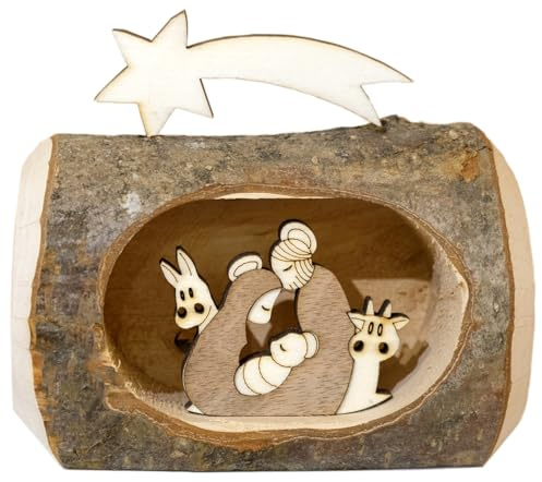 Kaltner Präsente Geschenkidee - Weihnachten Krippe aus Holz mit Jesus, Maria und Kind in einem Baumstamm mit Rinde aus Südtirol