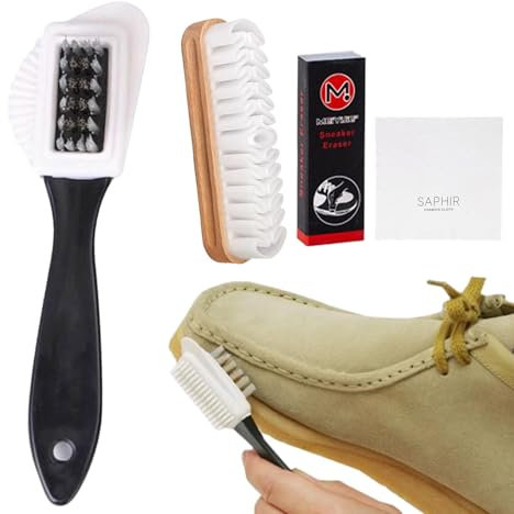 Juego de 2 cepillos de ante para zapatos, versátil, 4 lados, cerdas de latón, cuidado de ante con goma de borrar, paño de limpieza para piel de nobuck, ante