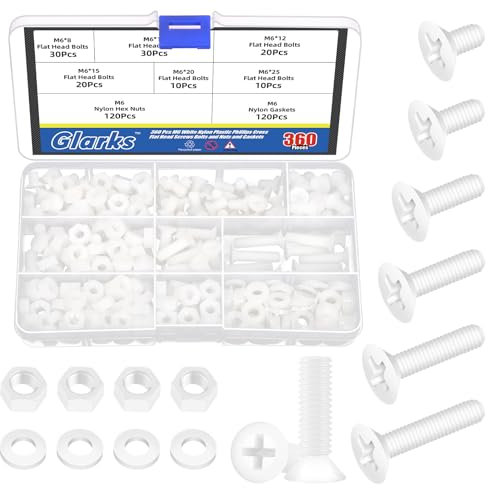 Glarks 360pcs M6 x 8/10/12/15/20/25MM Nylon Phillips Countersunk Head Bolt Machine Screw, White Phillips Cross Flat Head Machine Screws Bolts for Various Industrial Fastening Applications