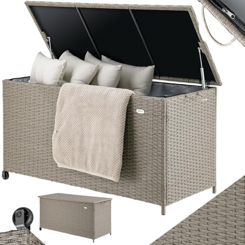 BAKAJI Baule Portaoggetti da Giardino in Polyrattan 420 Litri, Box da Esterno Impermeabile Resistente ai Raggi Uv, Cassapanca XXL con Ruote per Trasporto e Maniglia, 121 x 55 x 60 cm (Crema)