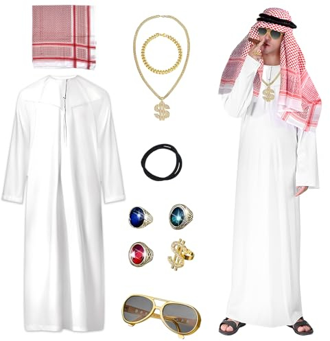 Formemory Scheich Kostüm Herren,Kostüm Scheich Araber,Araber Kostüm Weißes Gewand Faschingskostüme Männer für Karneval Cosplay (Weiß, M)