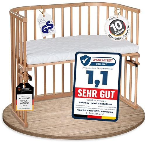 babybay Maxi extra großes Beistellbett aus massivem Buchenholz/Kinderbett Höhe stufenlos verstellbar & umweltfreundlich/mit Matratze Classic Soft (Natur lackiert)