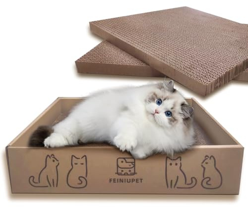 FEINIUPET 3-Pack Cat Scratcher Board, Double-Sided Durable Corrugated Cardboard Scratching Pad with Box, Mess-Free Indoor Cat Scratcher for Scratching Play Rest, Non-Toxic Large Cat Scratch Pad