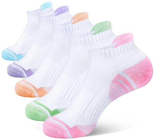 AVAYUU Damsneakers strumpor vadderade anti-bubblor bomull ventilerande sportstrumpor korta ankelstrumpor löpstrumpor med hälflik 5 par 36–41, Vit, 36-41 EU