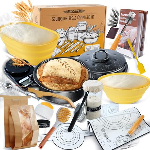 Sauerteig Brot Bakset mit hochwertigem Emaillepott und Gärkorb Brot Natur Roggenbrot Gärkorb Set Gärkorb Rund, Handgebacken Brotbackset, geeignet für Hobbybäcker und Sauerteig Brot Liebhaber (Gelb)