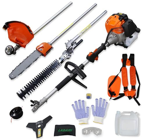 LADAMI Benzin Motorsense 52cc 2-Takt freischneider-mit Benzin-Strimmer und Freischneider 、Heckenschere 、Kettensäge 3 PS, 2-Takt Luftgekühltes Gartengerät, Leistungsstark & Kraftstoffsparend