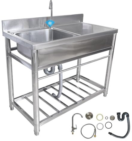 Grand éVier De Cuisine 1 Bac avec Plate-Forme D'Exploitation, Evier Exterieur avec Robinet Et Support, éVier Utilitaire Plonge Inox Autoportant pour Cuisine, Restaurant, Garage, Jardin