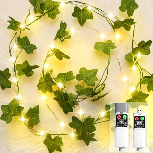 SonPen Efeu Lichterkette Innen, 2m 20 LED USB Aufladbare Efeu Künstlich Lichterkette Batterie Timer, 8 Modi Wasserdicht Efeugirlande Lichterketten Batterien für Schlafzimmer, Hochzeit, Party, Balkon