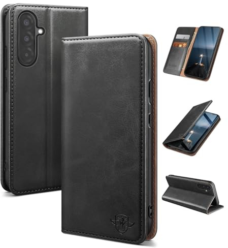 SUANDUCK for Samsung Galaxy A36 phone case magnetic leather flip case with RFID-blocking card compartment, adjustable stand and 360° drop protection with Samsung A36 Black