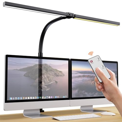 EUARY Lampada da tavolo a doppia testa, 1300 lm, con telecomando, dimmerabile, 24 W, 80 cm, con morsetto, per ufficio, scrivania