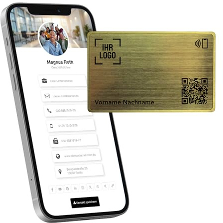 Litfax Digitale NFC Visitenkarte – Metall – NFC Karte inkl. Website & vCard-Profil – Keine monatlichen Gebühren – Kompatibel mit Smartphones (Android und iOS) (Metall Gold)