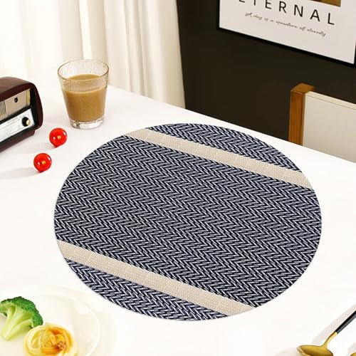 Tolldek Set of 10 Place Mats for Birthday, PVC Table Mat, Stripes, Round Place Mats, Washable, Natural, for Kitchen, Home, Navy Blue, Gold, 38 cm