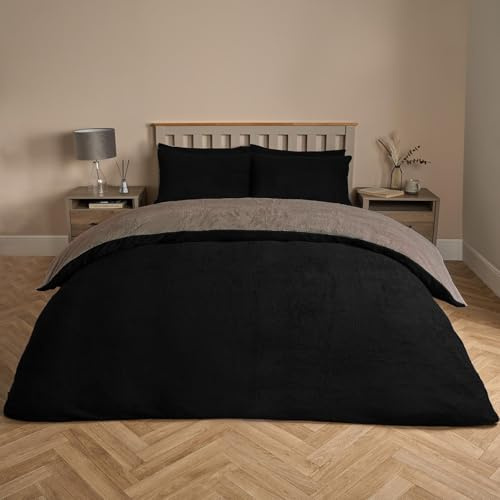 Brentfords Reversible Teddy Fleece Duvet Set, Super Soft Warm Thermal Single Duvet Cover Set Plain Dye Fluffy Fleece Single Teddy Bear Bedding with Pillowcase, Black/Natural