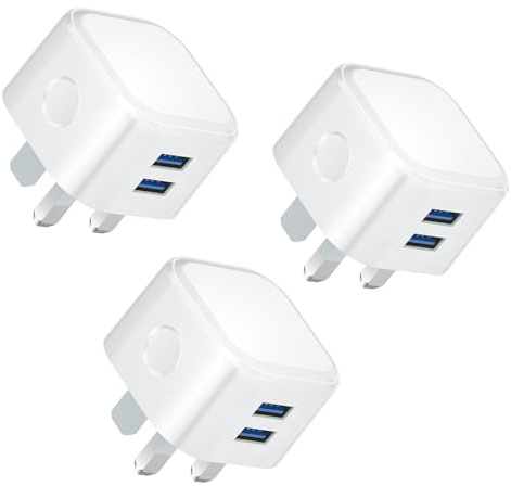USB Plug,3Pack USB Plug UK Adaptor Phone Charger Mains Charge Dual Port Twin Wall Plugs with Smart IC 5V 2.4AMP Charging for iPhone 16 15 14 13 12 11 XS XR X 8 7 6,iPad Pro,Samsung,Mobile ect