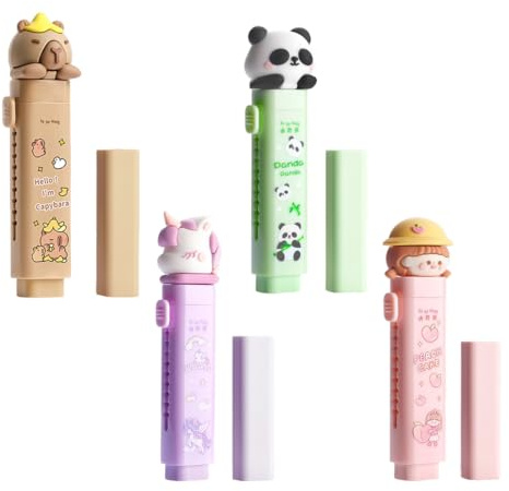 VEOIRXU 4 Sätze Kawaii Einziehbare Radiergummis mit Ersatzradiergummi Niedlichen Radier mit Einhorn Radiergummis Panda Wasserschwein für Kinder für Schulen und Büros (4 Stile)