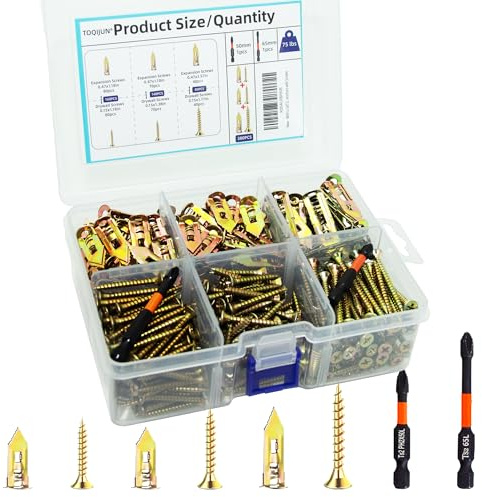 380 PCS Self Drilling Drywall Anchors with Screws Kit,2 Sizes Sheetrock Anchors & 3 Sizes Zinc Expansion Screws with 2 Drill Bits - Zinc-Plated Steel Material - No Drill Required Holds Up to 75LB