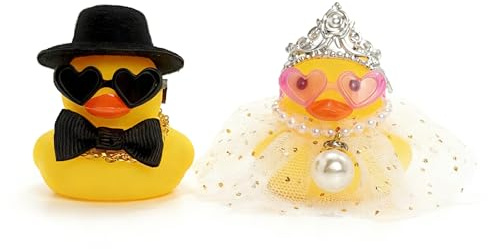 2 Pcs Wedding Rubber Ducks, Bride Groom Couple Duckies Yellow Set, Marriage Ceremony Gift Keepsake Cake Topper for Car Home Decor Marry Blessings