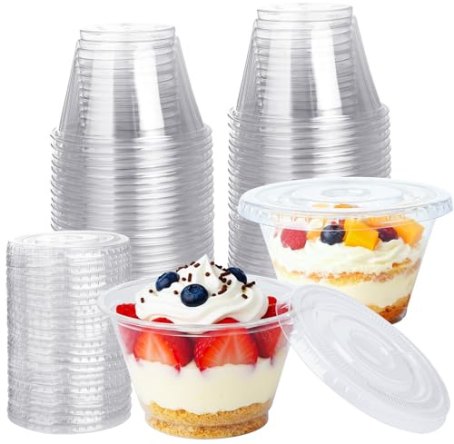 Lekeeu Dessertbecher Plastic mit Deckel 50Stück Mini Dessertbecher Set 7oz | Mitglied Kunststoff Dessertschalen Cwiederverwendbar für Desserts Mousse Pudding Ice Buffets Dessertparty